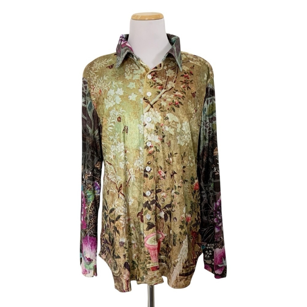 Velour Floral Velour Whimsy Colorful Button Up Shirt Oversized Marked Sz 2
